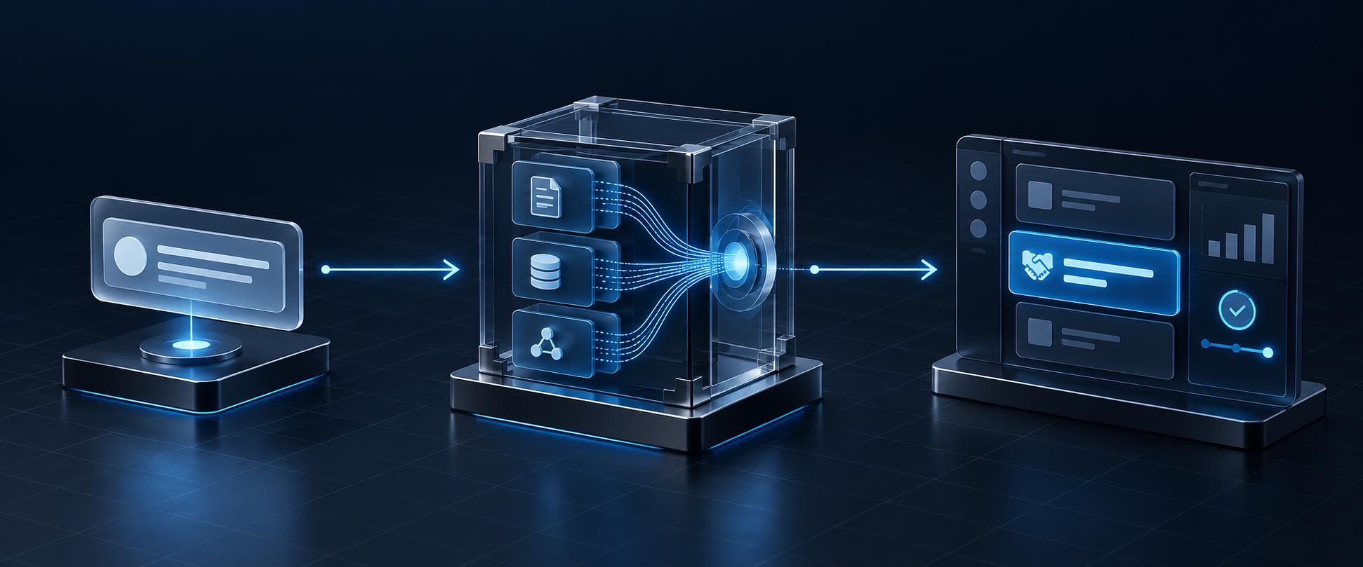 Diagramma 3D in tre fasi: ricezione della richiesta, qualificazione AI e prossimo passo commerciale